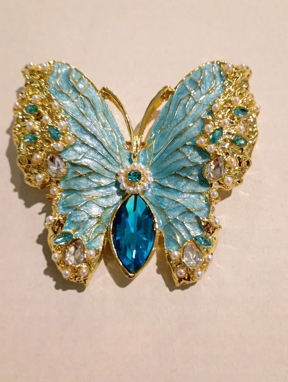 New Gold-Tone Blue Butterfly Crystal Brooch - Women's Jewelry